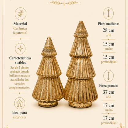 Set de 2 árboles navideños dorados de cristal – 37 y 28 cm