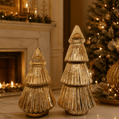 Set de 2 árboles navideños dorados de cristal – 37 y 28 cm