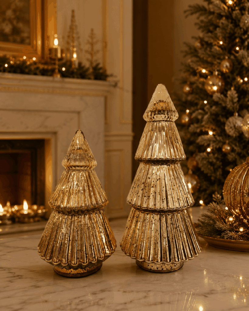 Set de 2 árboles navideños dorados de cristal – 37 y 28 cm