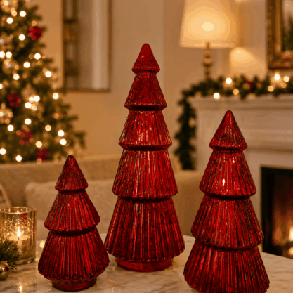 Set de 3 árboles navideños rojos de cristal – 17, 27 y 53 cm