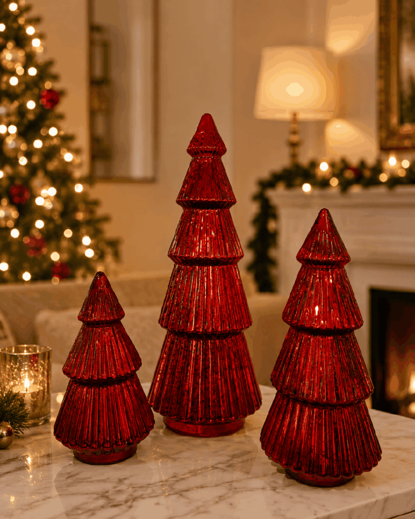 Set de 3 árboles navideños rojos de cristal – 17, 27 y 53 cm