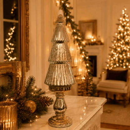 Árbol navideño plateado de cristal con pedestal – 75 cm