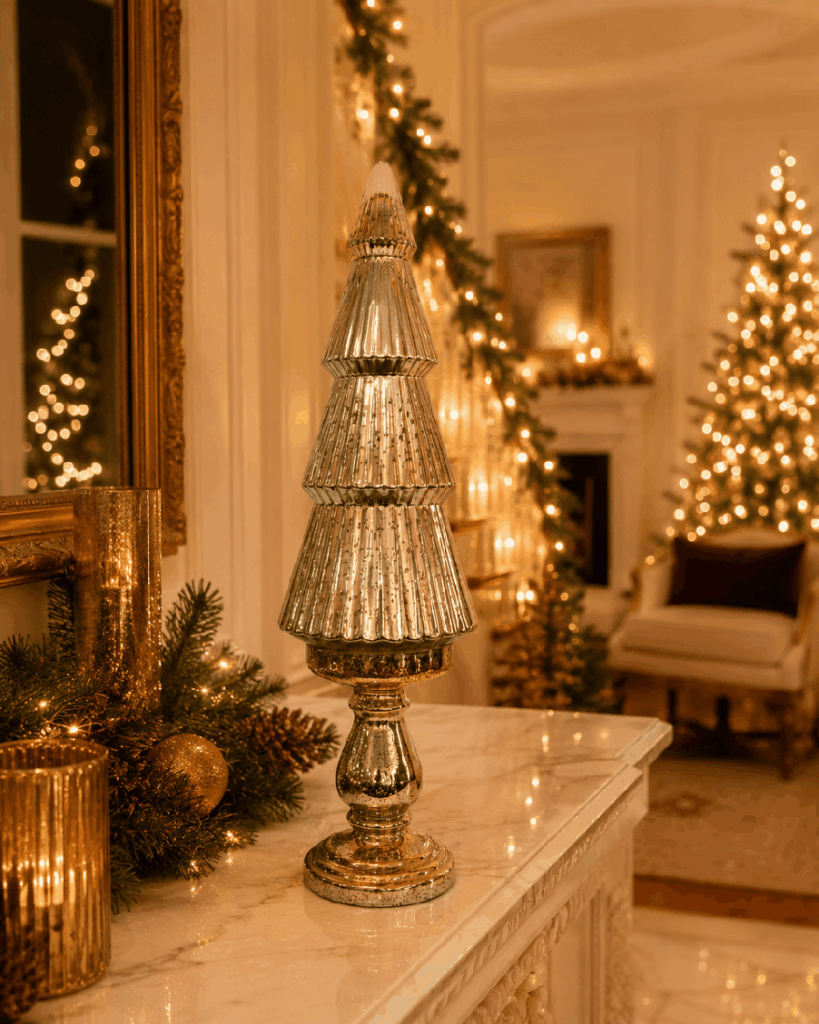 Árbol navideño plateado de cristal con pedestal – 75 cm