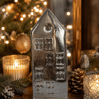 Casa navideña de vidrio mercurio plateado – 25 cm