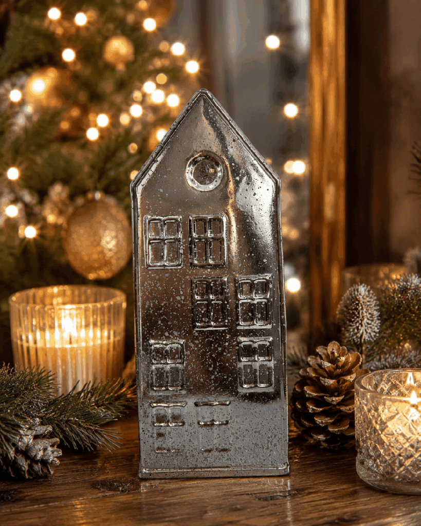 Casa navideña de vidrio mercurio plateado – 25 cm