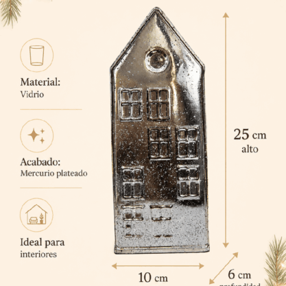 Casa navideña de vidrio mercurio plateado – 25 cm