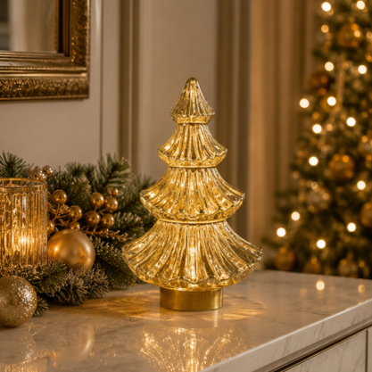 Árbol navideño dorado de cristal con luz – 28 cm