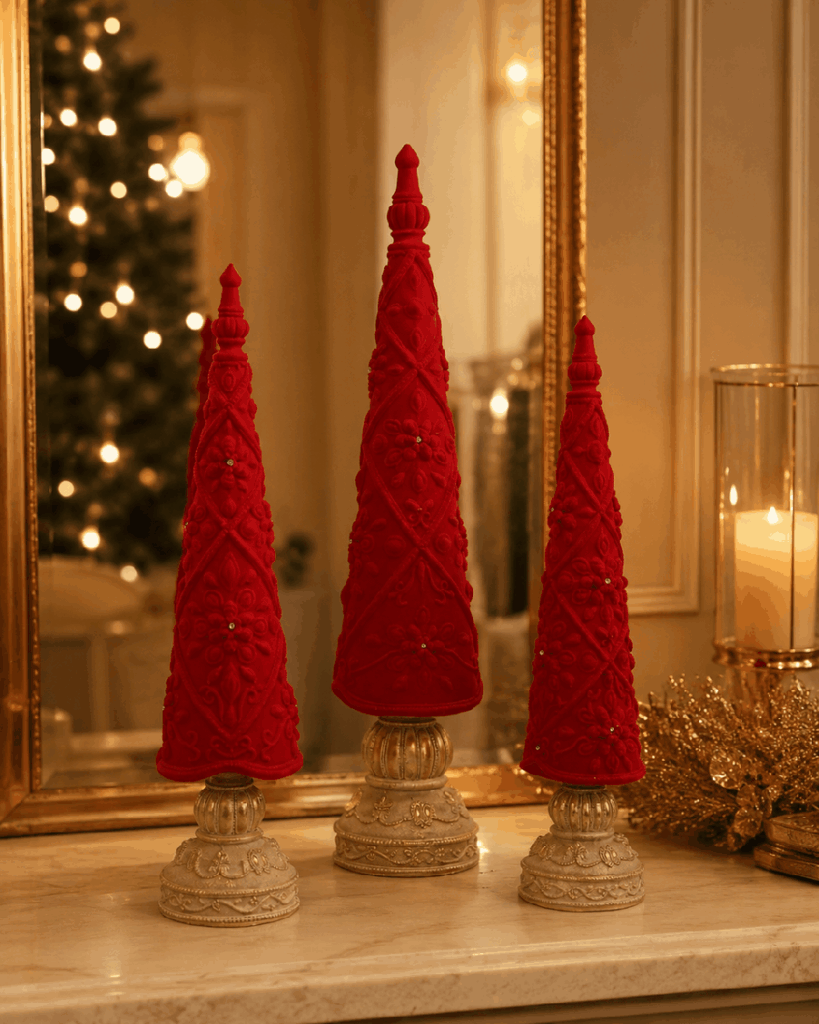 Set de 3 árboles navideños rojos aterciopelados con luz