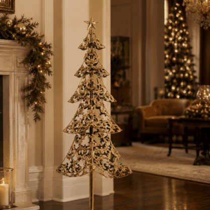 Árbol navideño calado de metal dorado – 104 cm