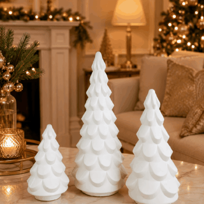 Set de 3 árboles navideños blancos de cristal – 28, 37 y 55 cm