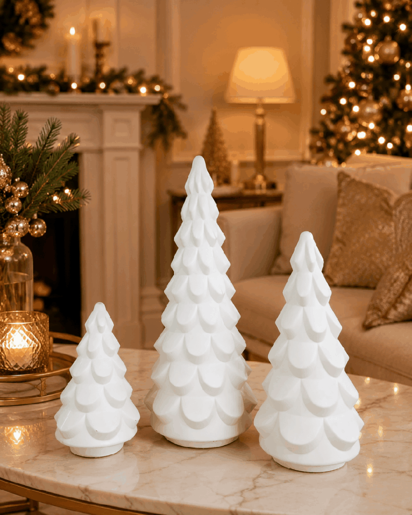 Set de 3 árboles navideños blancos de cristal – 28, 37 y 55 cm