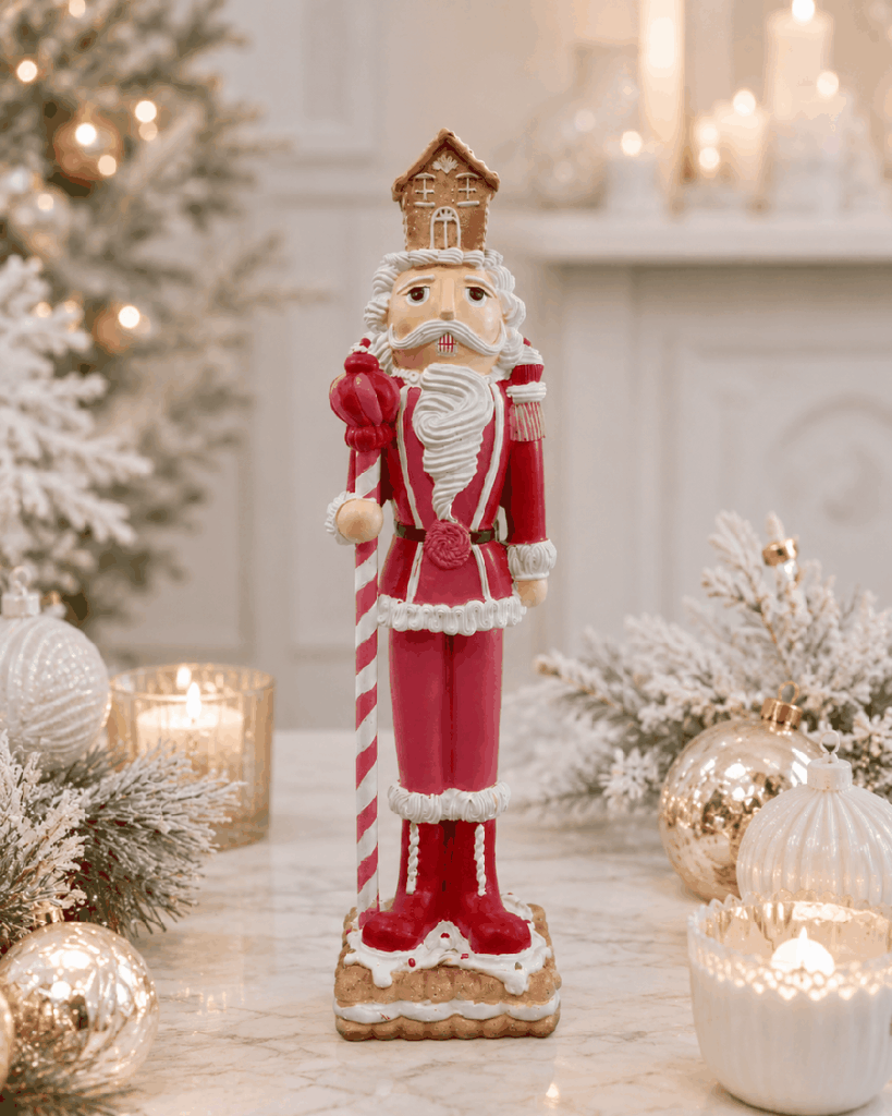 Cascanueces navideño rojo de resina con detalles de jengibre – 45 cm