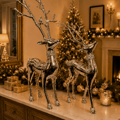 Set de 2 ciervos navideños de metal plateado – 81 y 59 cm