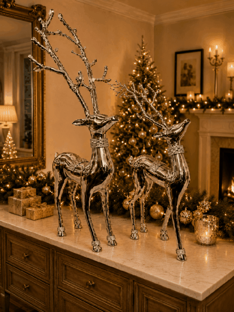 Set de 2 ciervos navideños de metal plateado – 81 y 59 cm