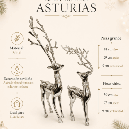 Set de 2 ciervos navideños de metal plateado – 81 y 59 cm