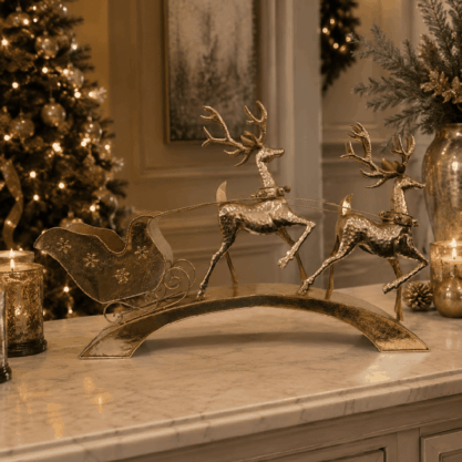 Trineo navideño de metal dorado con 2 renos – 57 cm