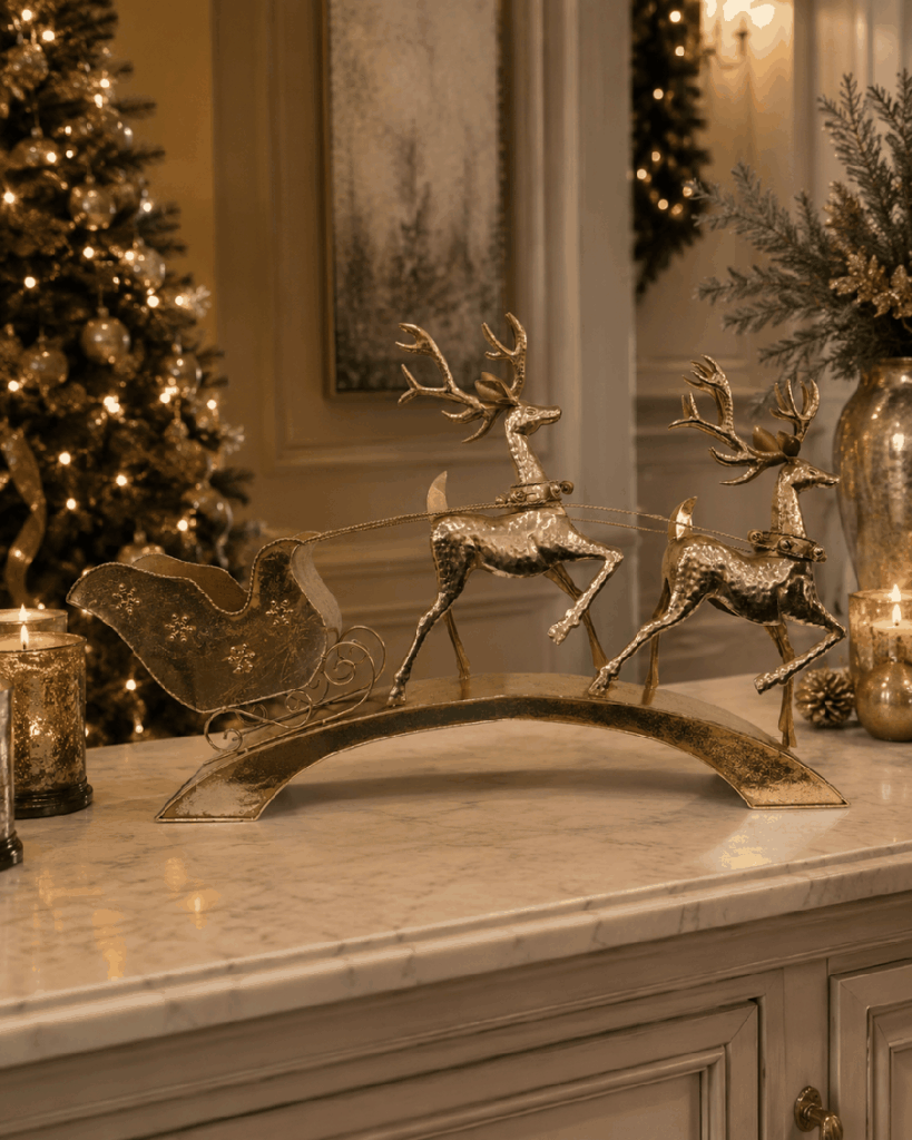 Trineo navideño de metal dorado con 2 renos – 57 cm