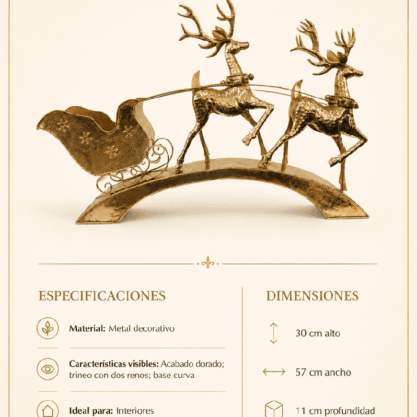 Trineo navideño de metal dorado con 2 renos – 57 cm