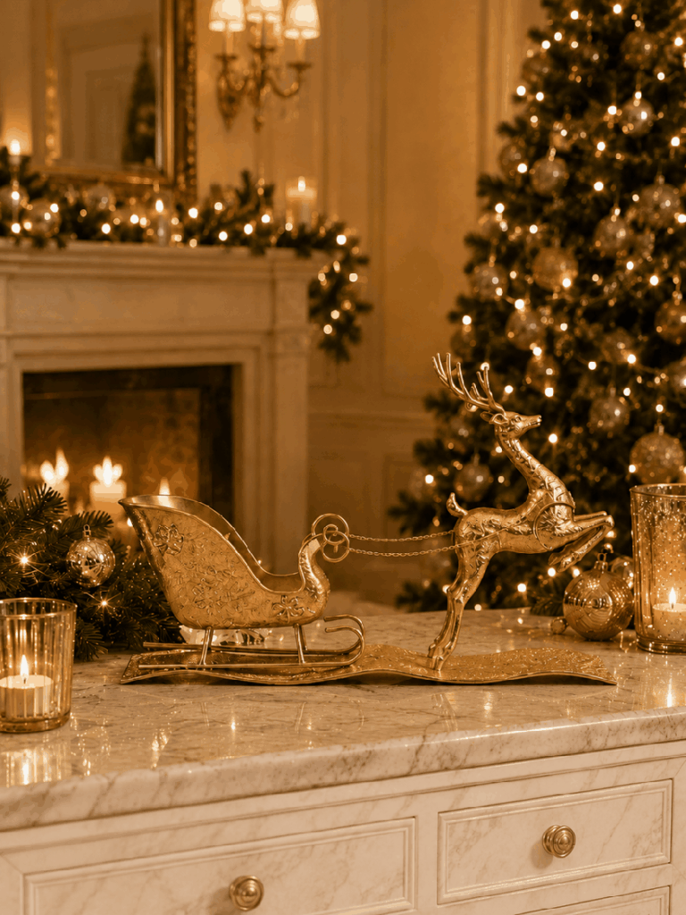 Reno con trineo navideño de metal dorado envejecido – 65 cm