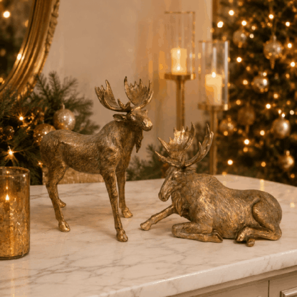 Set de 2 alces navideños dorados de resina – 30 y 25 cm