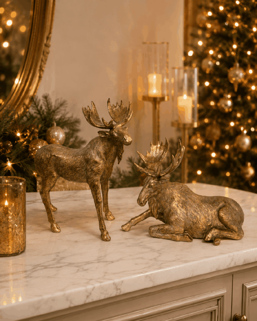 Set de 2 alces navideños dorados de resina – 30 y 25 cm