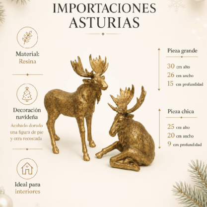 Set de 2 alces navideños dorados de resina – 30 y 25 cm