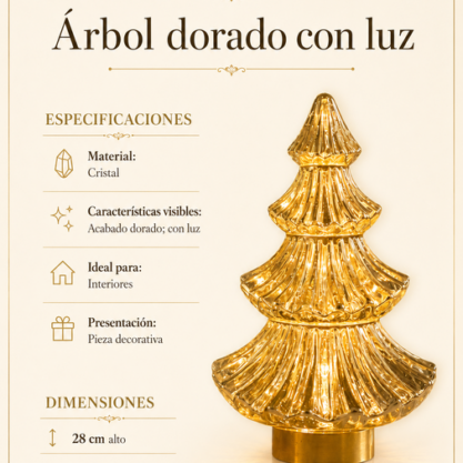 Árbol navideño dorado de cristal con luz – 28 cm