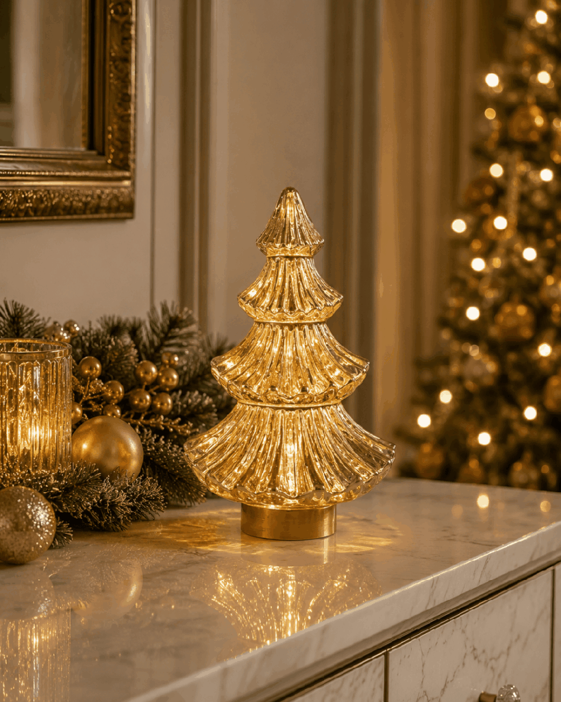 Árbol navideño iluminado de cristal dorado – 28 cm