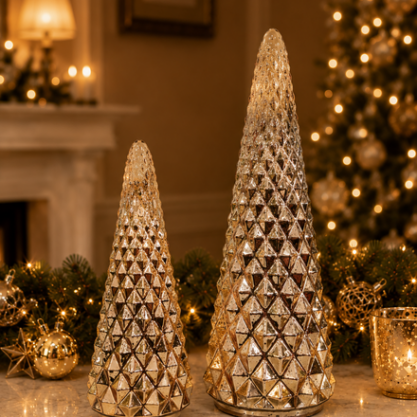 Cono de cristal facetado dorado grande – 53 cm