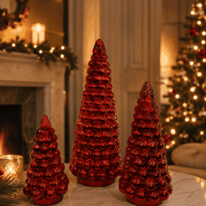 Set de 3 árboles navideños rojos de cristal