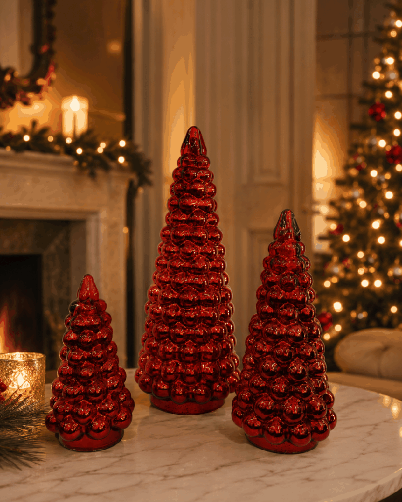 Set de 3 árboles navideños rojos de cristal