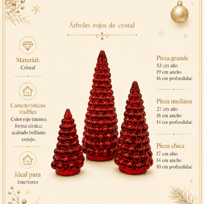Set de 3 árboles navideños rojos de cristal