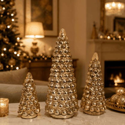 Set de 3 árboles navideños dorados de cristal