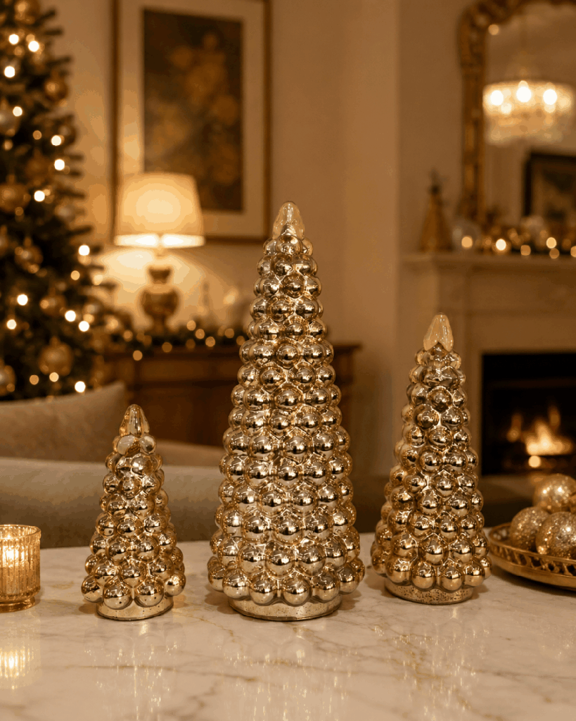 Set de 3 árboles navideños dorados de cristal