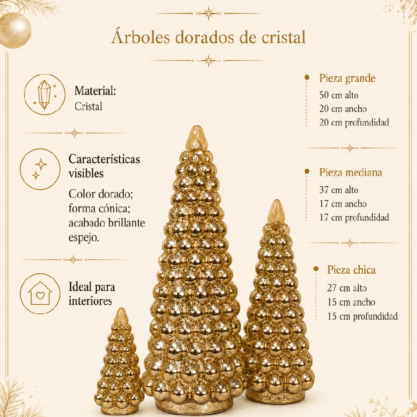Set de 3 árboles navideños dorados de cristal