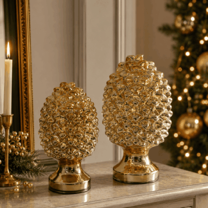 Set de 2 adornos navideños tipo piña de cristal dorado