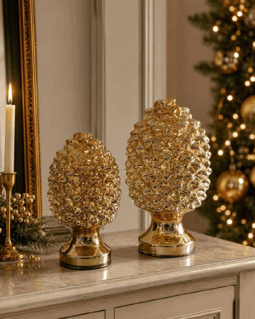 Set de 2 adornos navideños tipo piña de cristal dorado