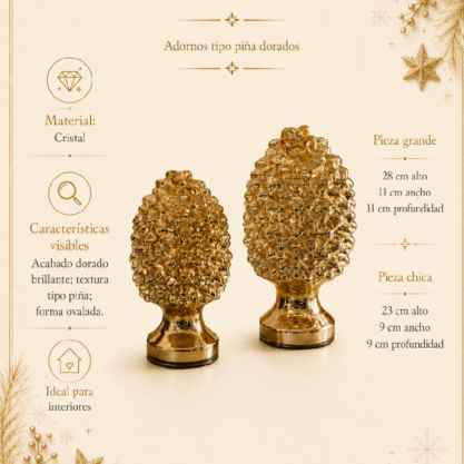 Set de 2 adornos navideños tipo piña de cristal dorado