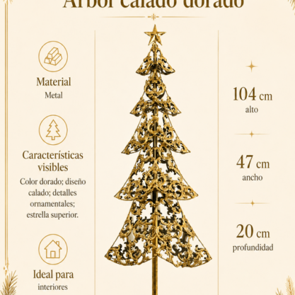 Árbol navideño calado de metal dorado – 104 cm
