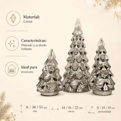 Set de 3 árboles navideños plateados de cristal