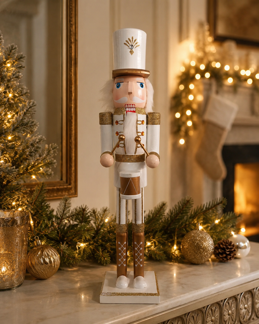 Cascanueces blanco y dorado con tambor – 60 cm