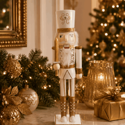 Cascanueces navideño blanco y dorado de madera – 45 cm