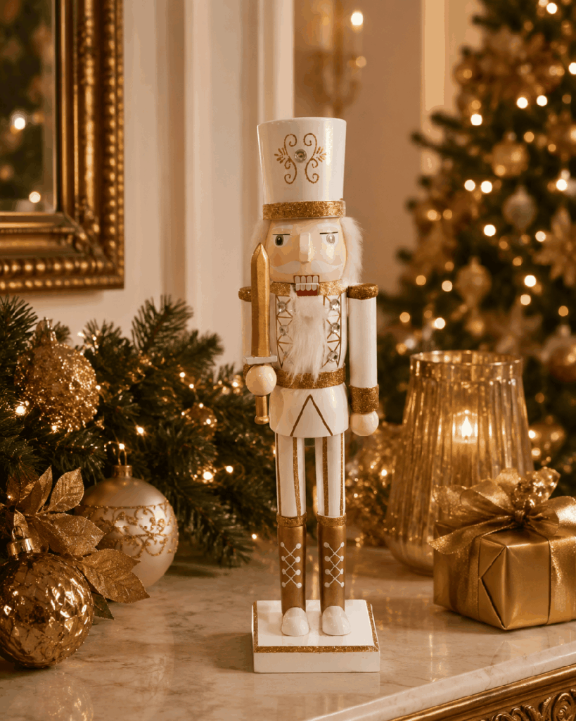 Cascanueces navideño blanco y dorado de madera – 45 cm