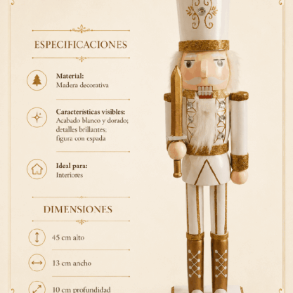 Cascanueces navideño blanco y dorado de madera – 45 cm