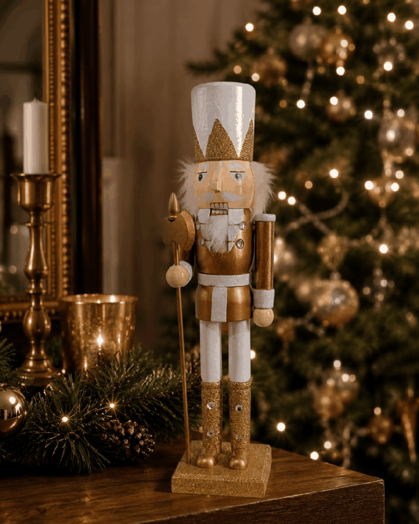Cascanueces navideño café, blanco y dorado de madera – 38 cm