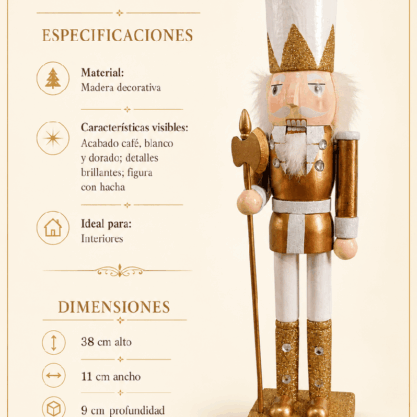 Cascanueces navideño café, blanco y dorado de madera – 38 cm