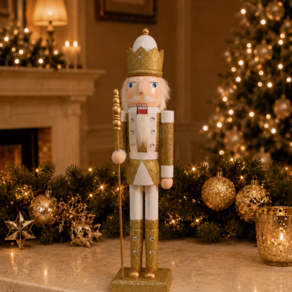 Cascanueces blanco y dorado con corona – 60 cm