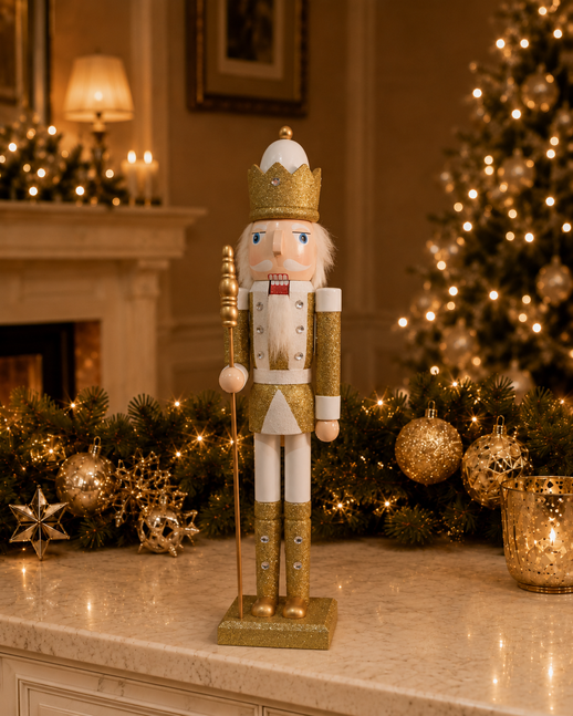 Cascanueces blanco y dorado con corona – 60 cm