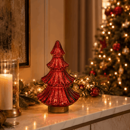 Árbol navideño rojo de vidrio decorativo – 28 cm