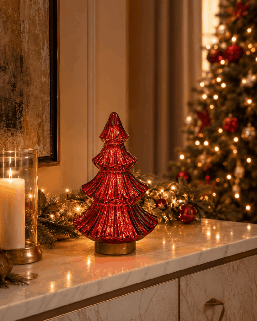 Árbol navideño rojo de vidrio decorativo – 28 cm
